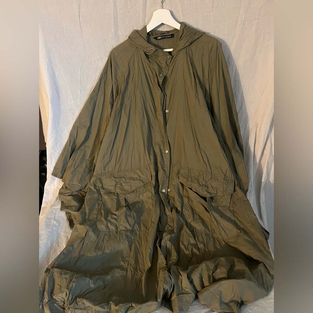ZARA Olive Green Hooded Rain Coat